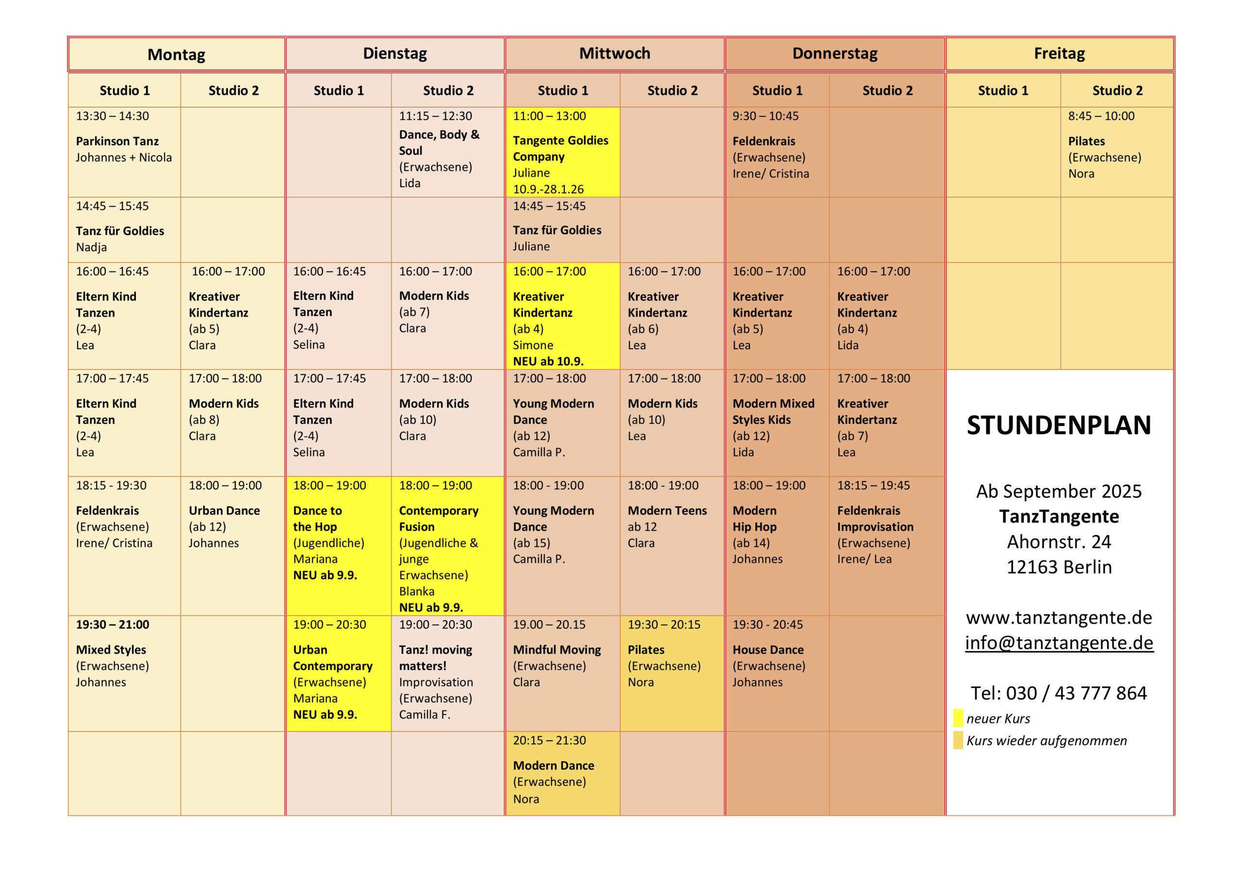 Mehr über den Artikel erfahren STUNDENPLAN TANZTANGENTE